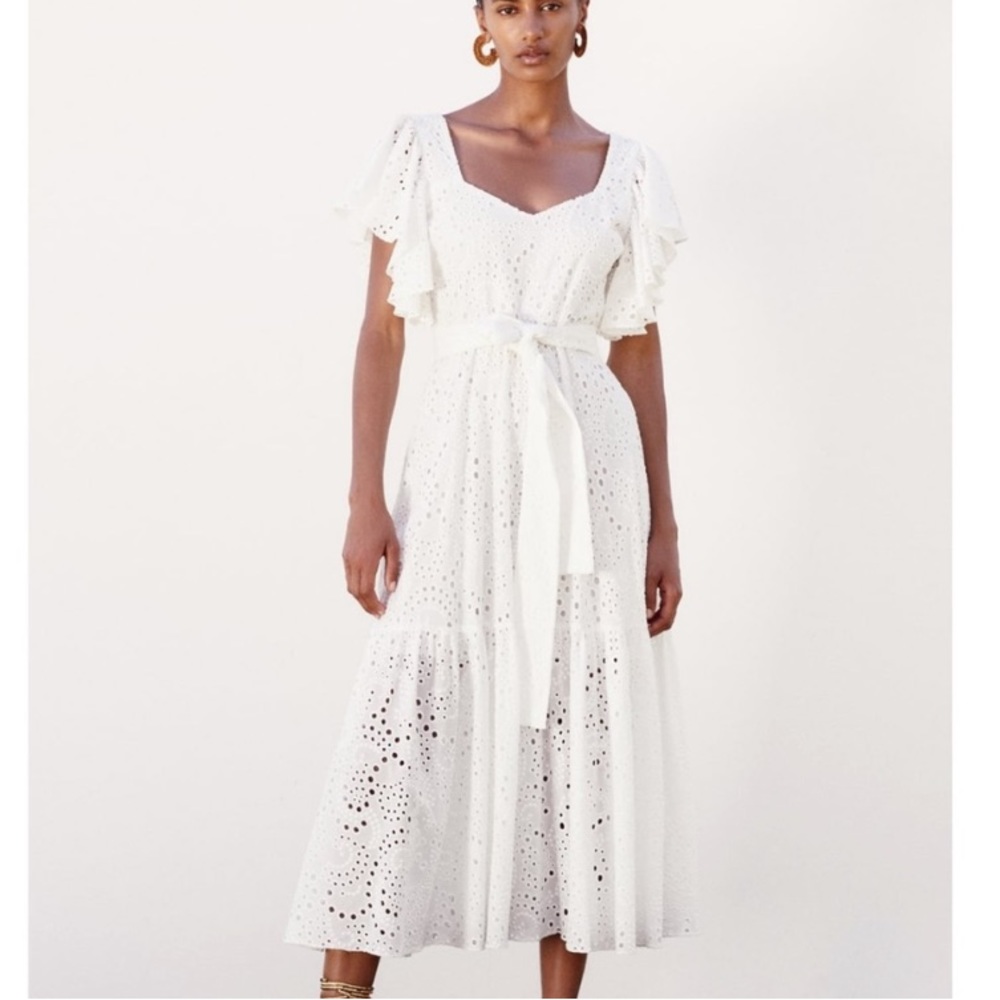 ZARA WHITE OPENWORK EMBROIDERY MIDI RUFFLE DRESS
